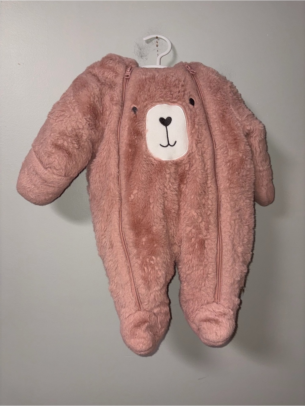 First Wish Pink Fleece Bunting Pramsuit Double Zip Embroidered Bear Hooded 0-3M